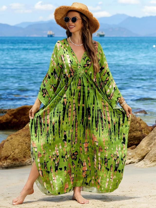 Detalle 2 de IMAGEKOPE Women’s 2025 Summer Kaftan Dress (Plus Size) Deep V-Neck Swim Cover-Up