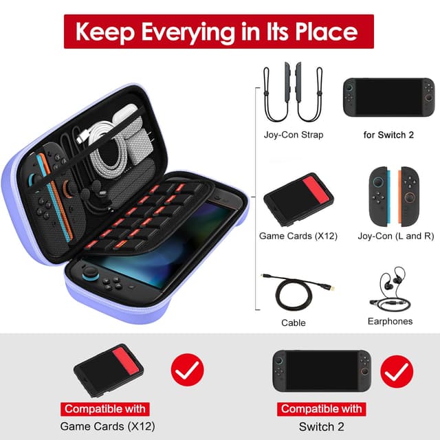 Detalle de ivoler Tragetasche für Nintendo Switch 2 (Modell 2025) – Hartschale mit Platz für 12 Spiele, lila