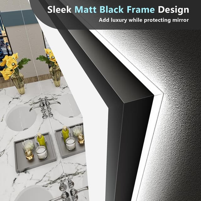 Detalle de AWANDEE 40x36 Black Framed LED Bathroom Mirror with Lights (Anti-Fog, Dimmable, Memory)