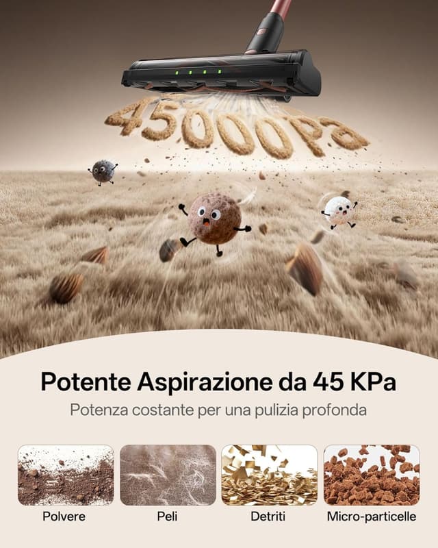 Detalle de Vexilar V10Pro aspirapolvere senza fili 45.000Pa, 45 min, scopa elettrica ultraleggero con luce LED e batteria removibile