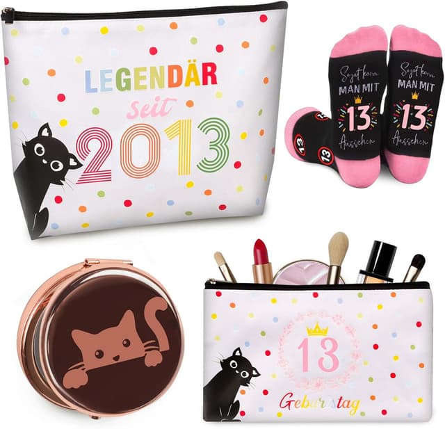 Detalle de TUZELIYA 2026 Originelle 13 Jahre Mädchen Geschenk-Set mit 2 Kosmetiktaschen, faltbarem Spiegel & Socken (4-teilig)