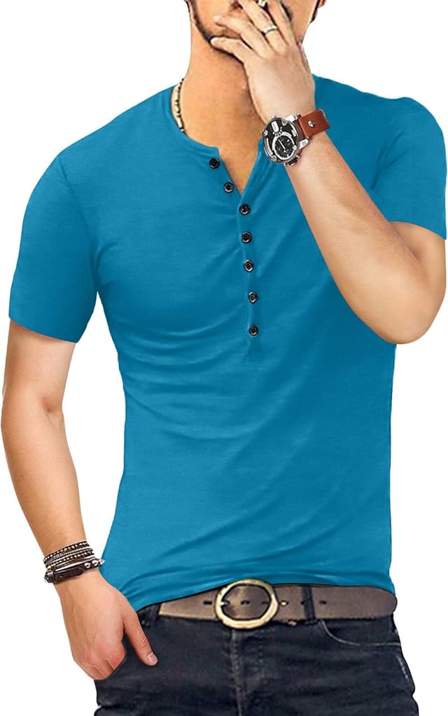 Detalle de KUYIGO Herren Henley Slim-Fit T-Shirt aus Baumwolle (Kurzarm, 7 Knöpfe)
