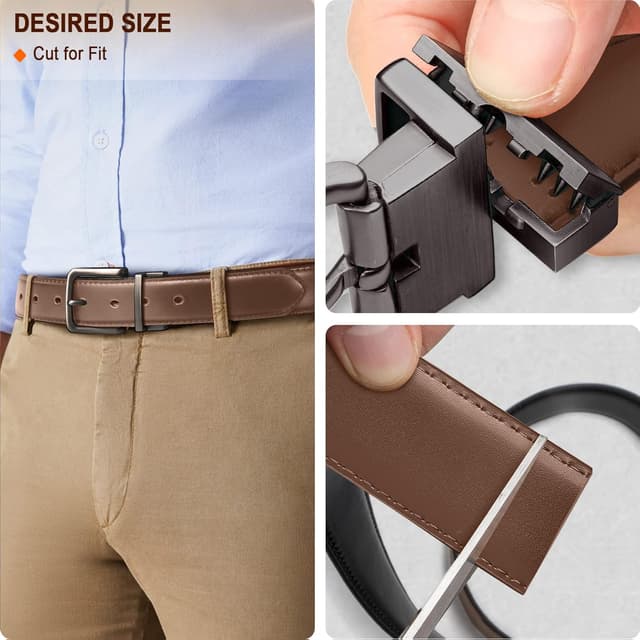 Detalle de BULLIANT Men’s Reversible Leather Belt (1 1/4") – Black & Brown, Adjustable Fit