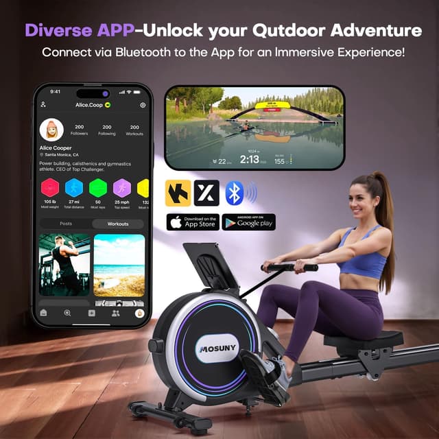 Detalle 2 de MOSUNY Home Rowing Machine with Magnetic Resistance, 32 Levels, App Support, LCD Display, 400 LB Capacity