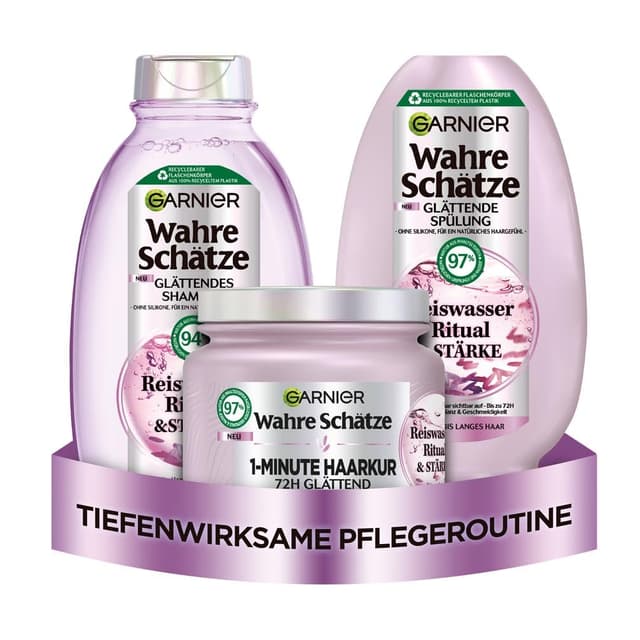 Detalle de Garnier True Treasures Glättendes Haarpflegeset mit Reiswasser – Shampoo 250 ml, Conditioner 200 ml & 1-Minute Haarkur 340 ml (3-teilig)