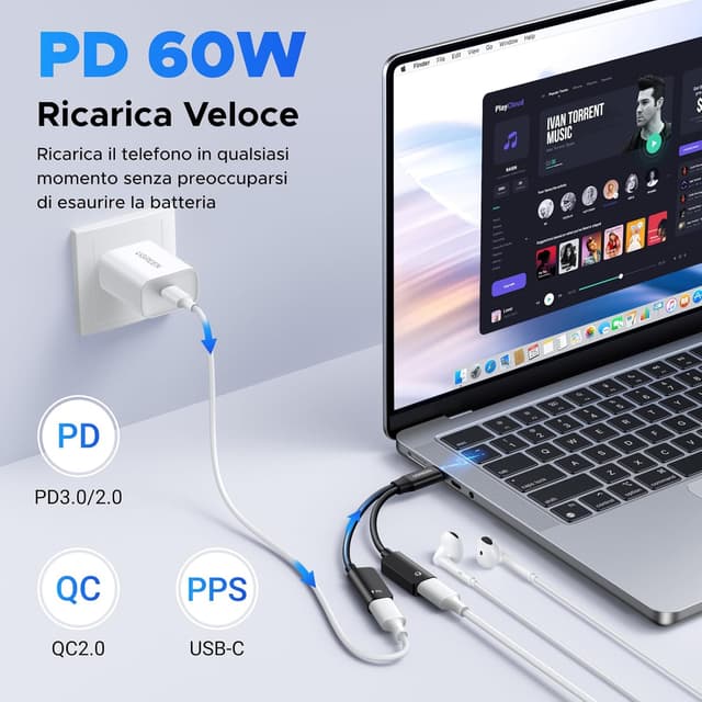 Detalle de UGREEN Adattatore USB‑C a USB‑C 2‑in‑1 con ricarica PD 60W magnetico e audio 96 kHz/24 bit