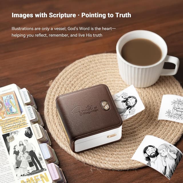 Detalle 2 de FaithTag Mini Sticker Printer F21 for Bible Study, Mini Sticker Printer with 3 Rolls (Brown) for Index Tabs, Bookmarks & Notes