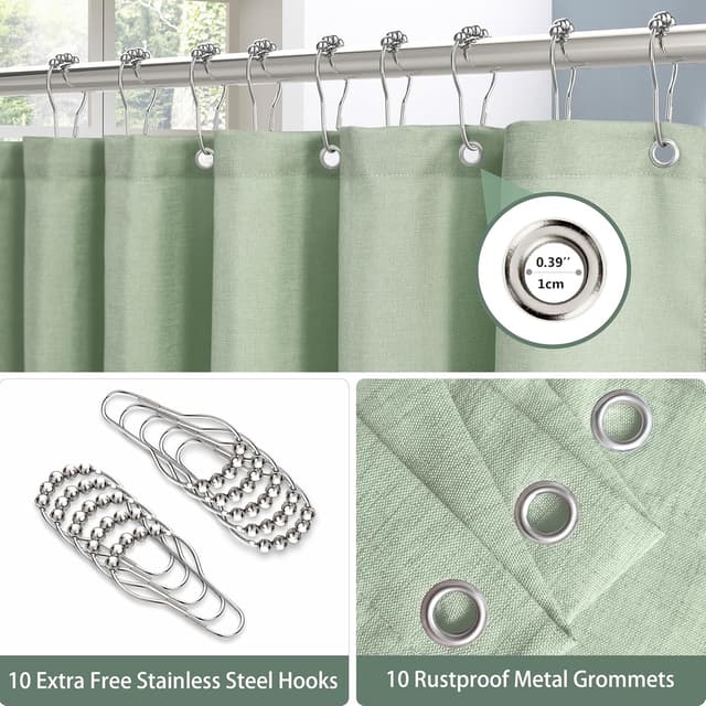 Detalle de Rideau de douche en lin polyester VANZAVANZU avec anneaux métalliques imperméable anti-moisissures, vert sauge 152x214 cm