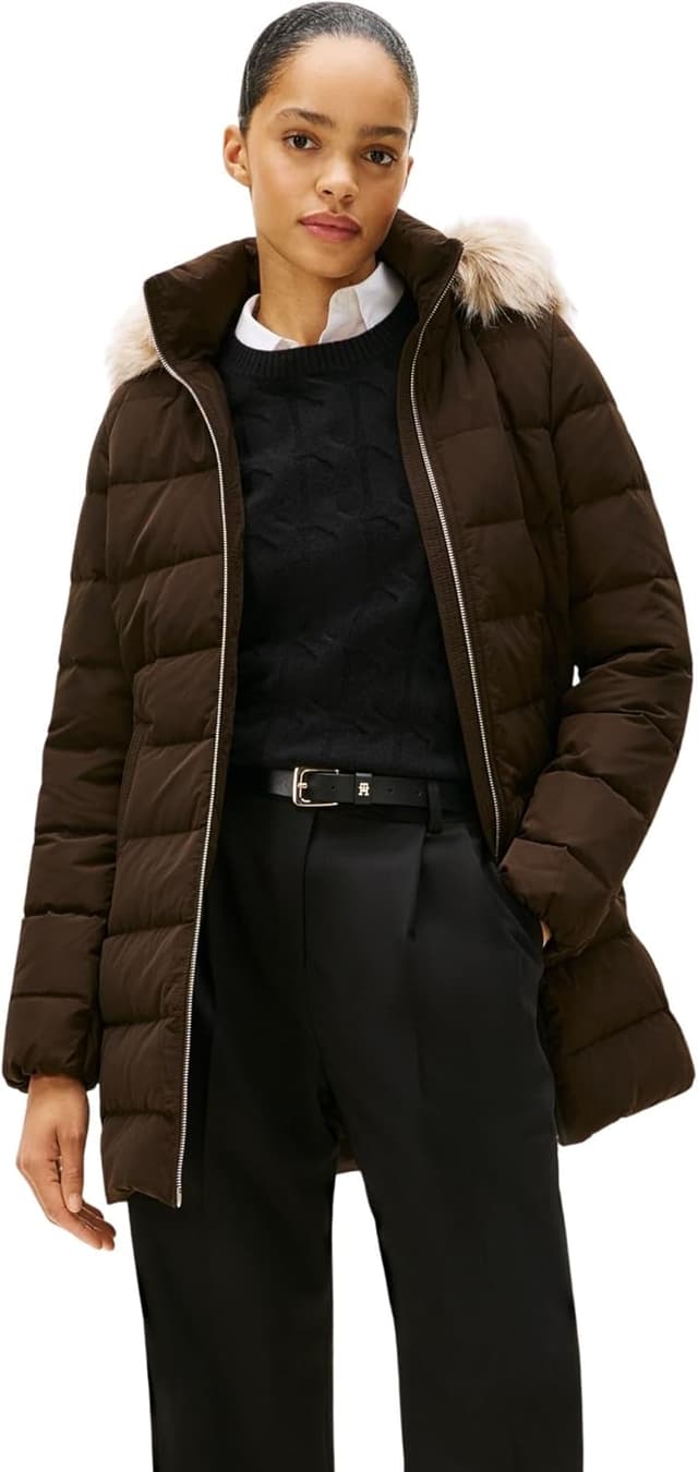 Detalle de Tommy Hilfiger women’s MW Down slim coat with fur hood trim (puffer jacket)