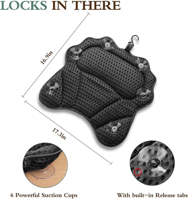 Detalle de RUVINCE ergonomic luxury bath pillow with 6 suction cups for head, neck, shoulders and back (black)