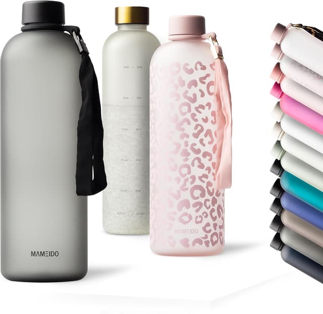 Detalle de MAMEIDO Trinkflasche mit Zeitmarkierung, 1,5 l – BPA-frei, auslaufsicher und kohlensäuregeeignet (Carbon Grey)