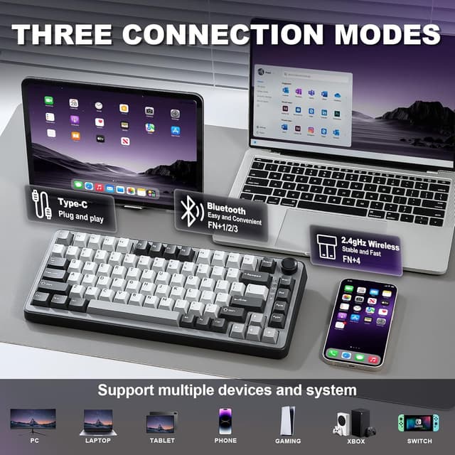 Detalle de YUNZII B75 PRO kabellose mechanische Tastatur (75%, BT/2.4G/Type-C) mit Hot Swap und Drehknopf