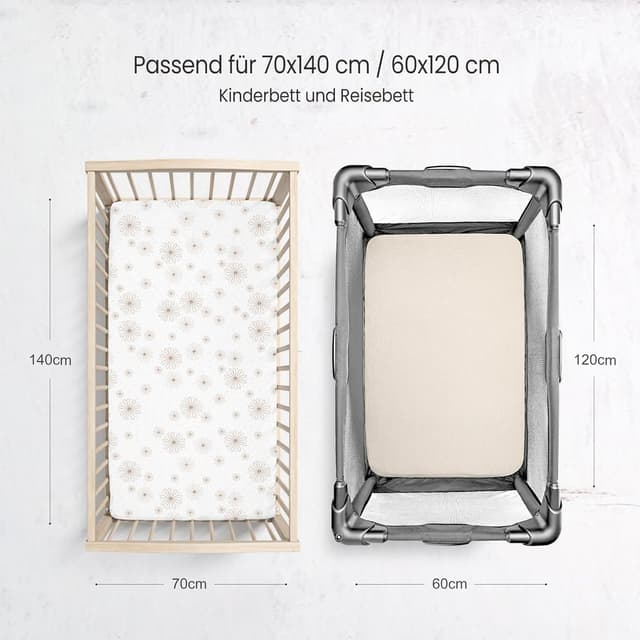 Detalle de lulumoon 2er Pack Musselin-Spannbettlaken für Babybett & Reisebett (60x120/70x140 cm) – Gänseblümchen Weiß