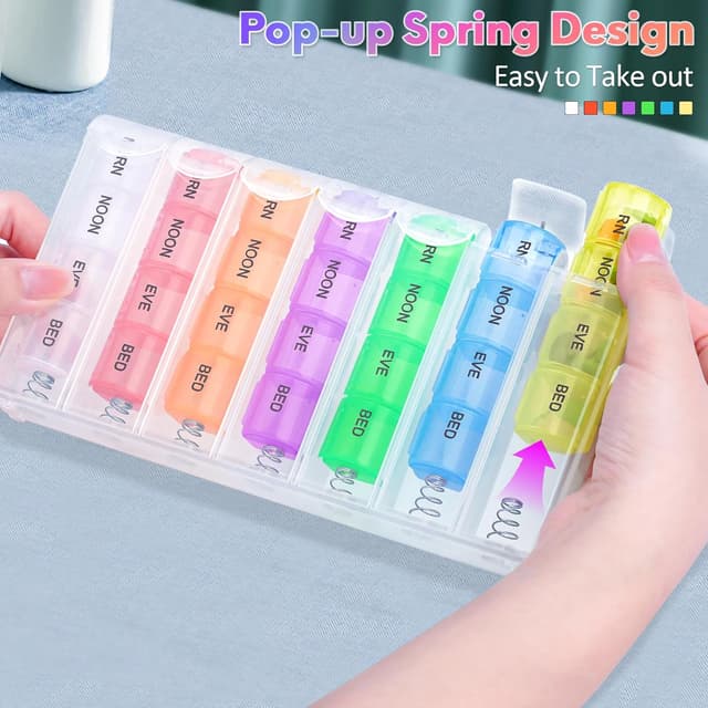Detalle 2 de Alyvisun 7 Day Pill Box Organiser (4 times a day) with spring-assisted pop-up lid and snap-on travel case