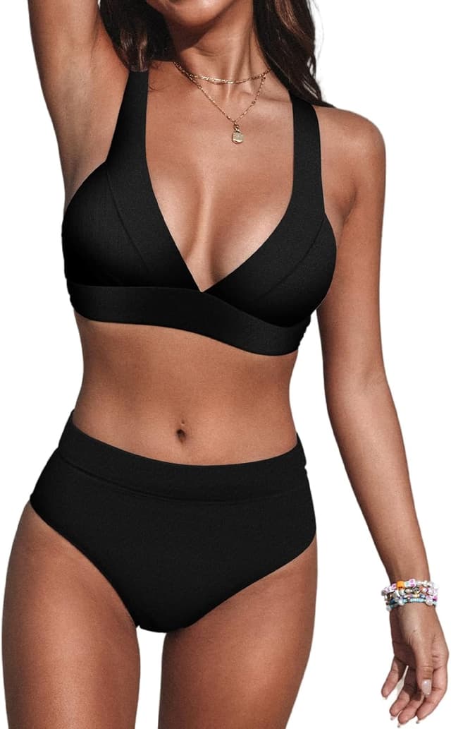 Detalle de CUPSHE Bikini da donna a vita alta con scollo a V e spalline larghe (coppe morbide rimovibili) vintage push up, 2 pezzi