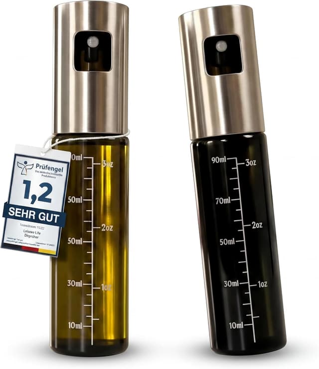 Detalle de Leisure Life Ölzerstäuber im 2er Set (UV-Schutzglas, BPA-frei, Edelstahlmantel) für bis zu 100 ml Öl – Jade Green & Obsidian Black
