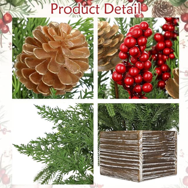 Detalle de Arborus Künstliche Weihnachts-Pflanze im Holz-Topf für Tischdeko, Fensterbank & Balkon – rustikale Landhaus-Weihnachtsdeko