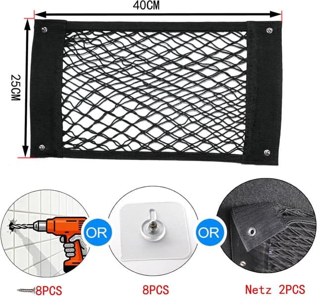 Detalle 2 de Kofferraum Taschen Auto Klett – Gepäcknetz & Organizer (2er Set) mit 3 Montagearten und verstärkten Metallösen