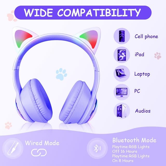 Detalle de AXFEE Kinderkopfhörer Over-Ear mit Bluetooth 5.3, Katzenohren und LED