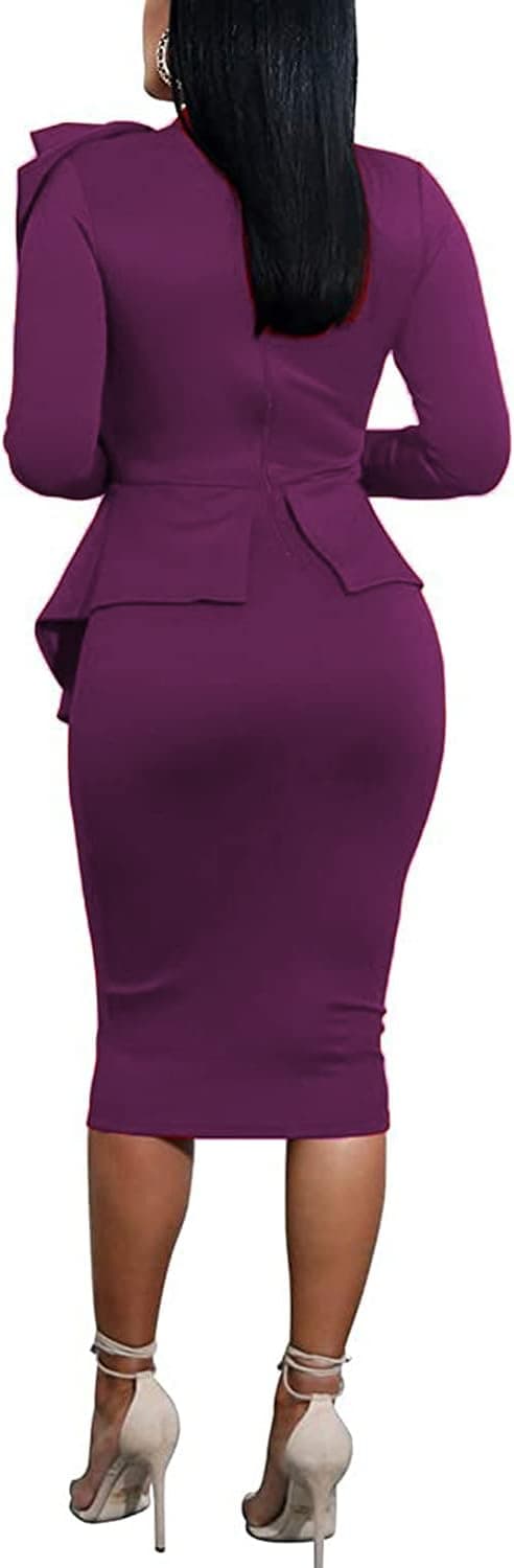 Detalle de Women’s Peplum Bodycon Long Sleeve Bow & Ruffle Pencil Dress (Work to Party)