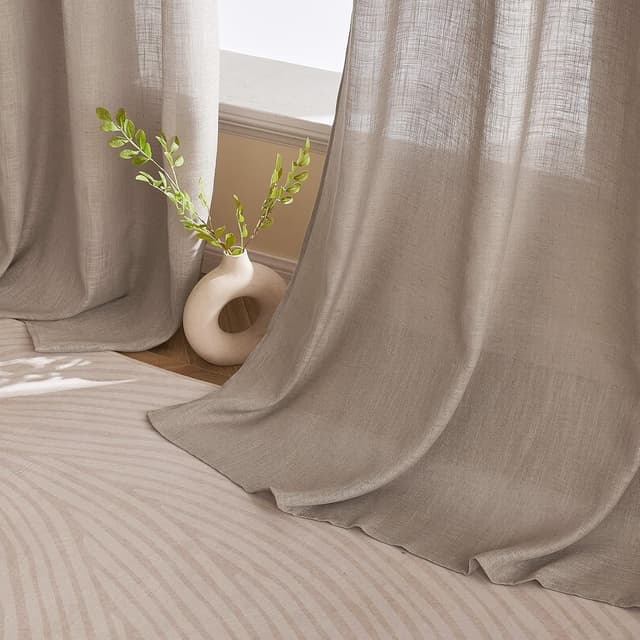 Detalle de Woaboy Leinen Kruz Gardinen-Set (2 Stück) halbtransparent mit Ösen, Dunkelbraun, 140x160 cm