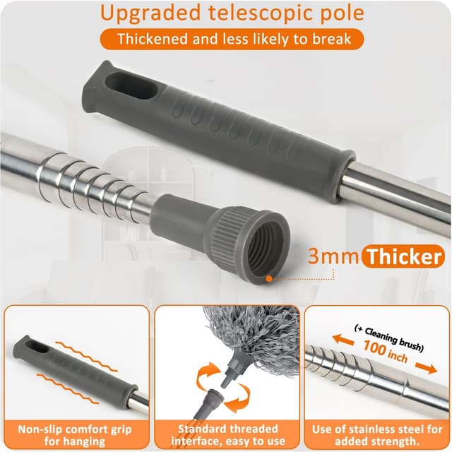 Detalle 2 de Feather duster 5PCS kit with 30–100 inch telescopic extension pole and interchangeable cleaning heads