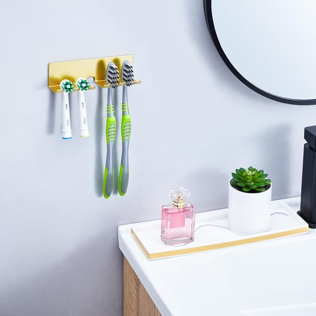 Detalle de GGQ Zahnbürstenhalter (Wand, ohne Bohren) mit selbstklebender Aufsatz-Halterung für elektrische Zahnbürsten – Gold, Groß