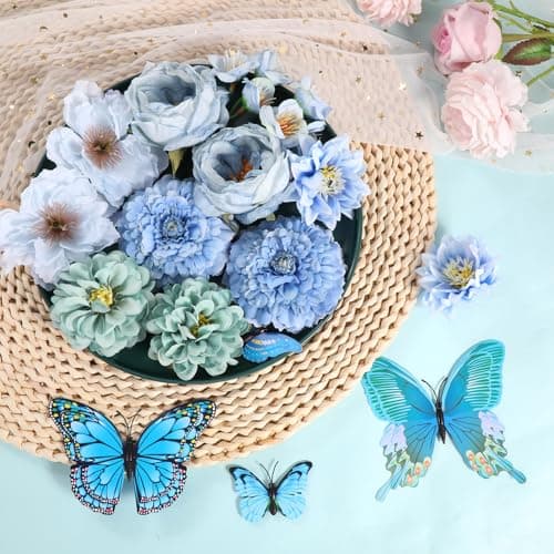 Detalle de MWOOT Flores artificiales variadas (12 rosas azules) con mariposas decorativas para centros de boda, graduación y baby shower