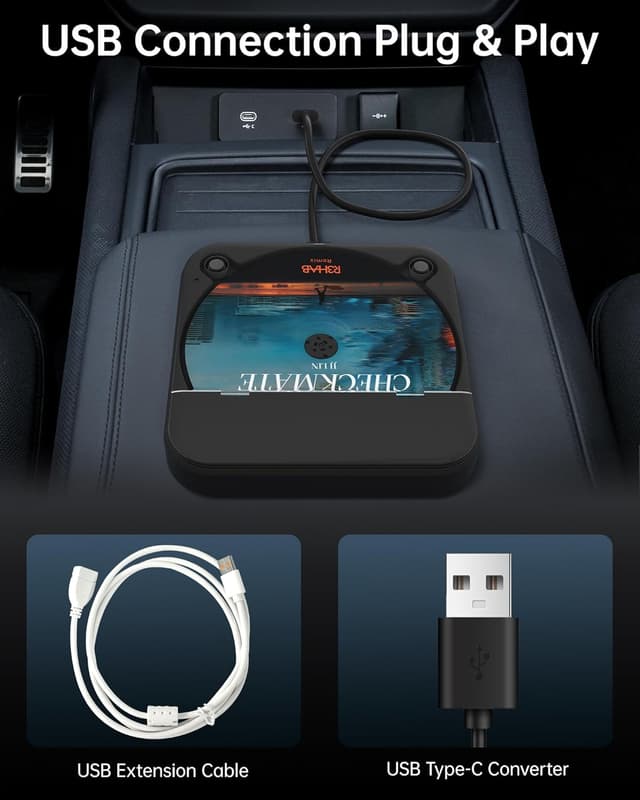 Detalle de ENVYCLOUD Portable Car CD Player with USB/AUX (External CD Player with Type-C Adapter, Black)