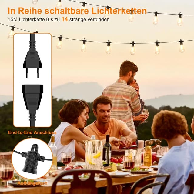 Detalle de Kawaya LED-Lichterkette für außen IP65, 15 m mit dimmbaren A45 Glühbirnen (2700 K) und 25+2 Leuchtmitteln