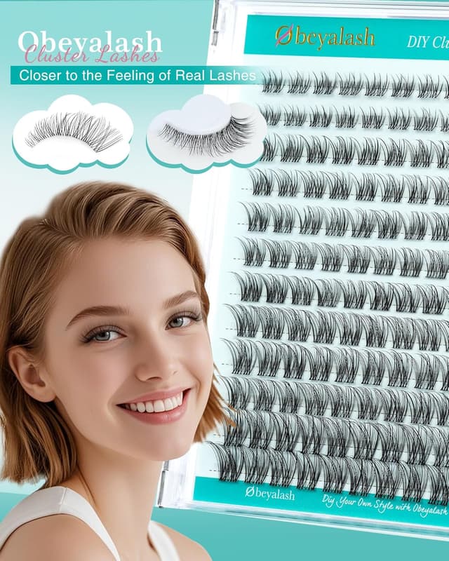 Detalle de Obeyalash Lash Cluster Extensions (C Curl, 8-16 Mix) „Natural Look“ für Cat-Eye – 120 Stück, Clear Band, DIY