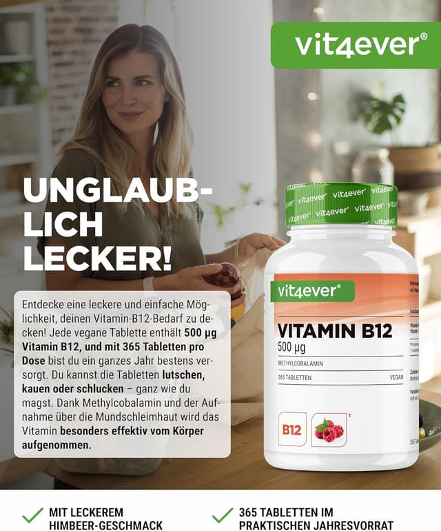Detalle de Vitamin B12 Himbeere – 365 Lutschtabletten im Jahresvorrat mit 500 µg Methylcobalamin + Vitamin C (vegan)