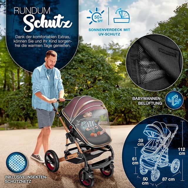 Detalle de KIDUKU 3-in-1 Kinderwagen XXL Komplettset (Buggy/Sportsitz, Babywanne & Auto-Babyschale)