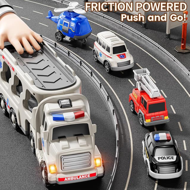 Detalle 2 de JUKUDAHU 5-in-1 Play Ambulance Vehicle Set (Friction-Powered Police, Fire, Ambulance + Helicopter)