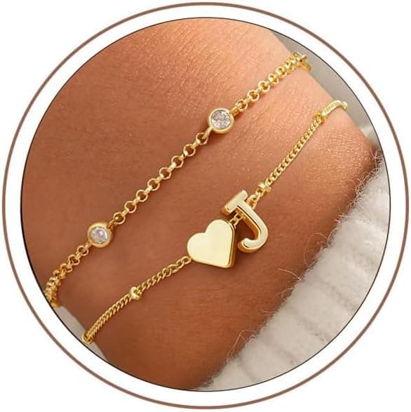 Detalle de Turandos Initialenarmband mit Herz & Buchstaben, goldfarben vergoldet (14K) mit Zirkonia – für Damen & Mädchen