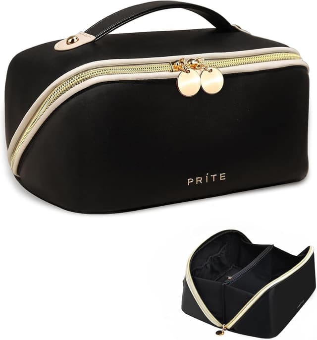 Detalle de Prite Kosmetiktasche große Kapazität (23,5 x 12,5 x 12,5 cm) mit 180°-Weitöffnung, transparentem Trenner und Griff – Schwarz