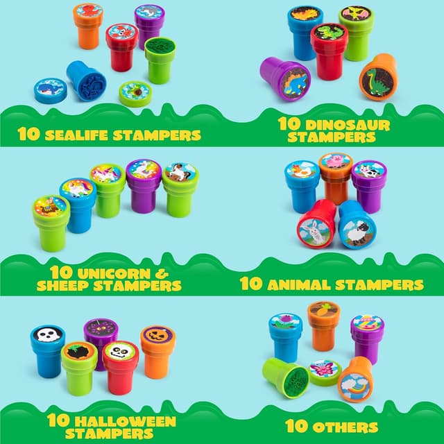 Detalle de JOYIN Kinder-Stempel-Set (100 Stück) mit selbstfärbenden Mini-Stempeln – 50 Motive für Ostereier & Mitgebsel