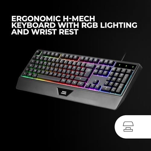 Detalle de Mars Gaming MCP124PRO (combo 4en1): teclado H-Mech RGB en español, ratón HUANO 3200DPI, auriculares FRGB y alfombrilla 36x26 cm