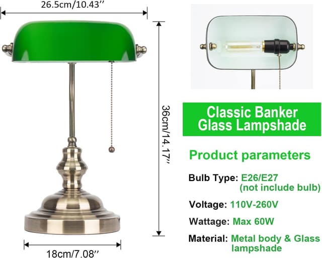 Detalle de Lampe de banquier verte JCPYIUL avec interrupteur à tirette en laiton vintage (E27) pour bureau et lecture
