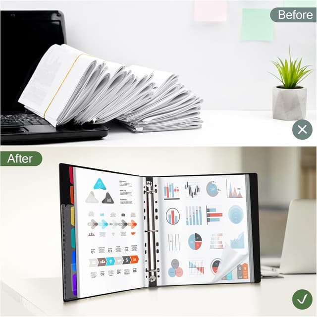 Detalle de Uquelic A4 presentation ring binder with 50 punched pockets and 6 PP divider pages (black)