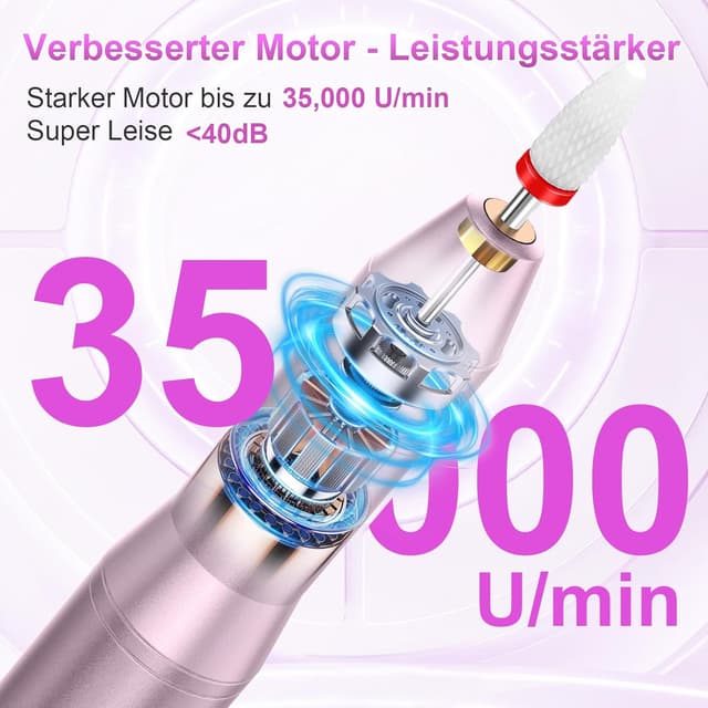 Detalle de POFIBO kabellose elektrische Nagelfeile (Nagelfräser) – 35.000 U/min, 5 Geschwindigkeiten, 12-in-1 Set in Rosa