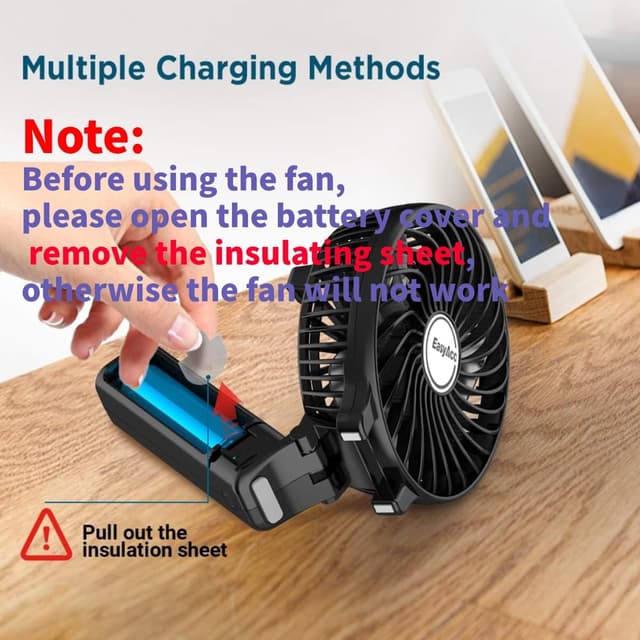 Detalle 2 de EasyAcc EasyAcc Handheld Fan Portable USB Fan (180° foldable, rechargeable, 3 speeds) – Black