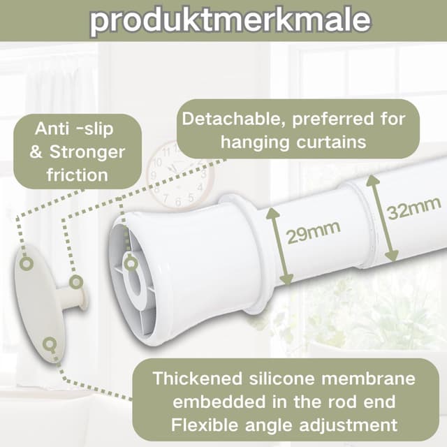 Detalle de Venwemong Teleskop-Duschvorhangstange zum Einklemmen ohne Bohren/Schrauben, weiß, 190–360 cm (Ø 32 mm)