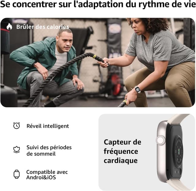 Detalle de AcclaFit Montre connectée homme & femme Bluetooth avec appels, capteurs cardio et SpO2, écran 1,85" HD (IP68)