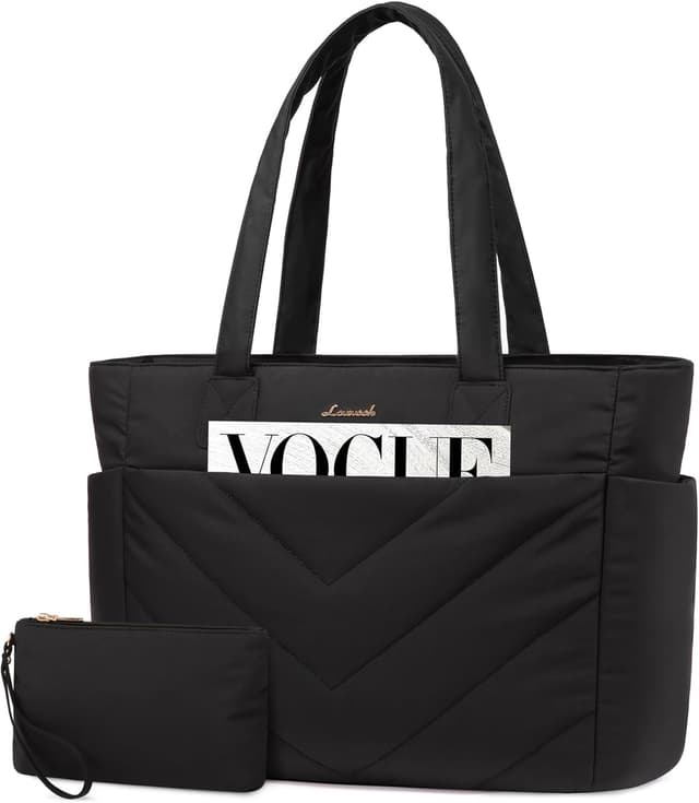 Detalle de LOVEVOOK women’s lightweight puffer tote bag with zip and padded laptop compartment