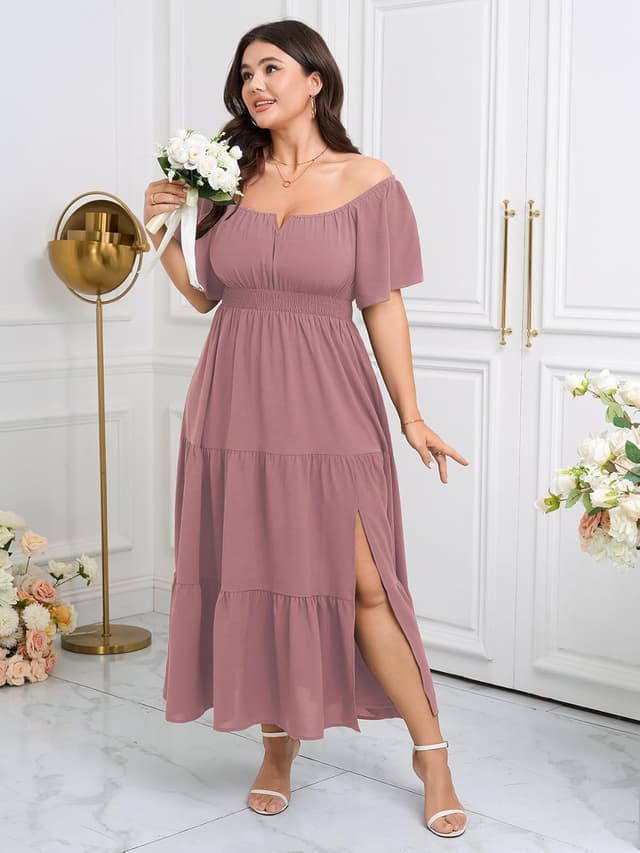 Detalle de SCOMCHIC Women’s Plus Size Maxi Dress with Square Neck & Smocked Side Split