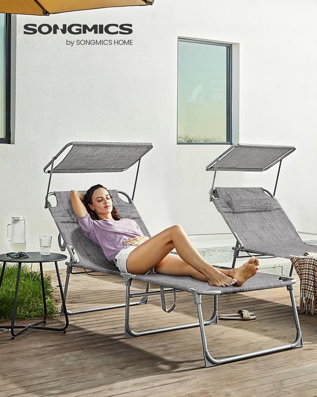 Detalle de SONGMICS Große Sonnenliege GCB022G01 – klappbar mit Sonnenschutz, Kopfstütze und verstellbarer Rückenlehne
