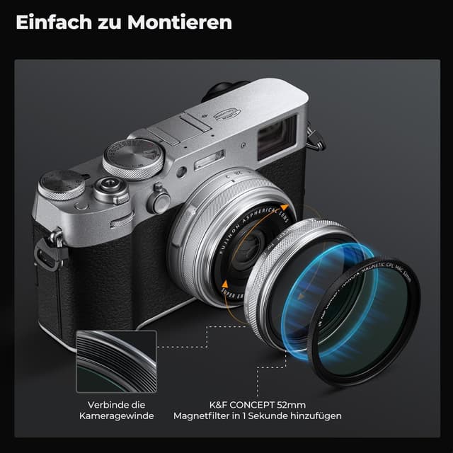 Detalle de K&F CONCEPT UV-Filter für Fujifilm X100-Serie (X100/X100F/X100S/X100T/X100V/X100VI), Schutzfilter in Silber