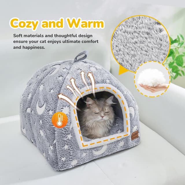 Detalle de CATISM Cat Bed Cave Grey Star & Moon, foldable indoor tent-style cat cave with removable washable cushion, 40 x 40 x 38cm