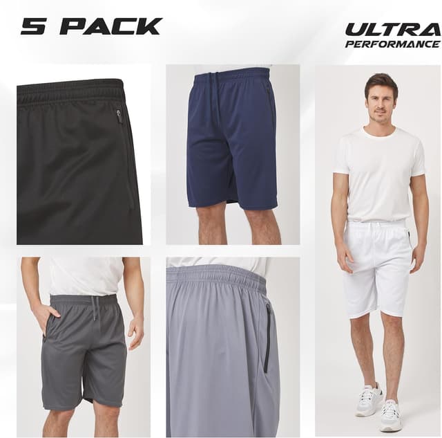 Detalle de Ultra Performance Mens 5 Pack Athletic Running Shorts with Zippered Pockets (Loose Fit, 10" Inseam)